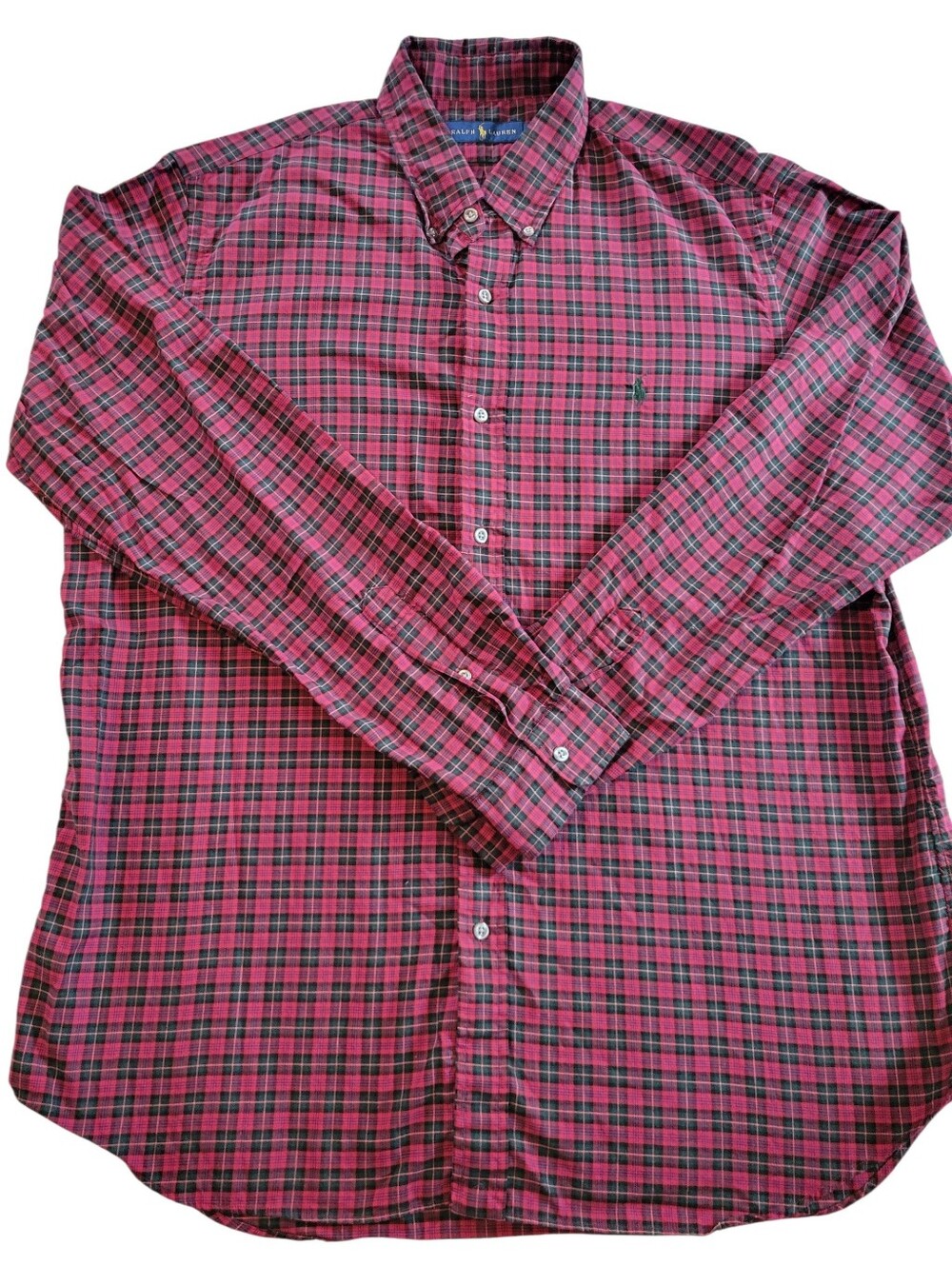 Vintage Ralph Lauren Men's XL Tall Oxford Button Down Magenta Pink Green Plaid
